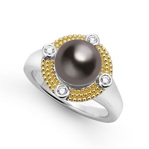 LAGOS Luna Tahitian Black Pearl Diamond Ring in Sterling Silver Size 7 $1,400